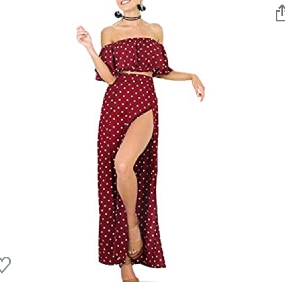 Red polka dot split maxi skirt set